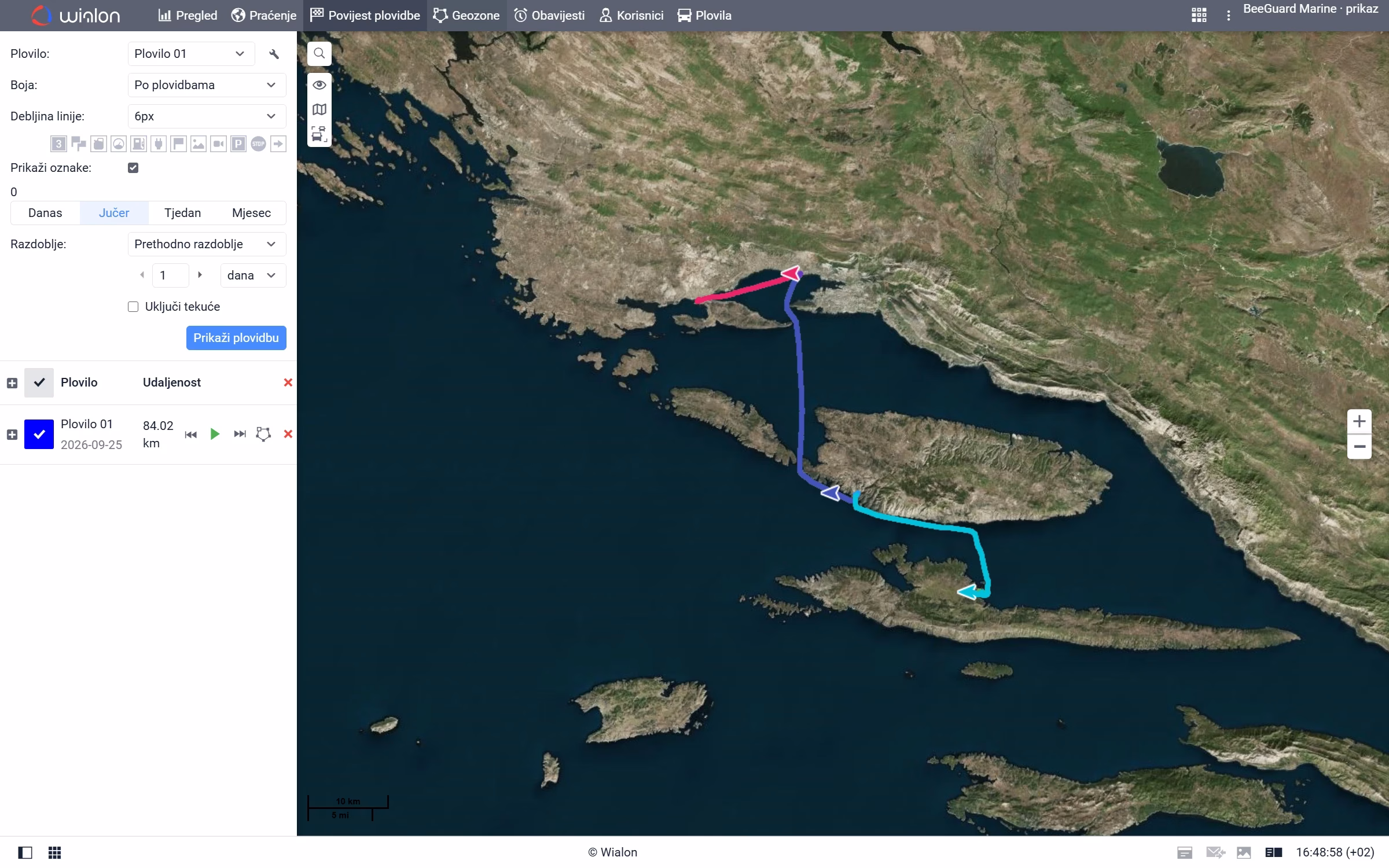 Anonimizirani prikaz povijesne rute plovila u Wialonu