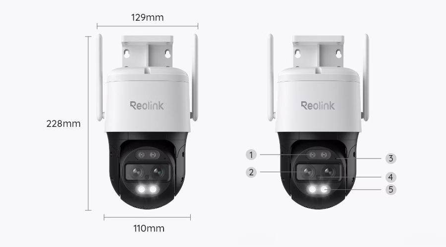 Reolink TrackMix WiFi – prednji prikaz i dimenzije kamere
